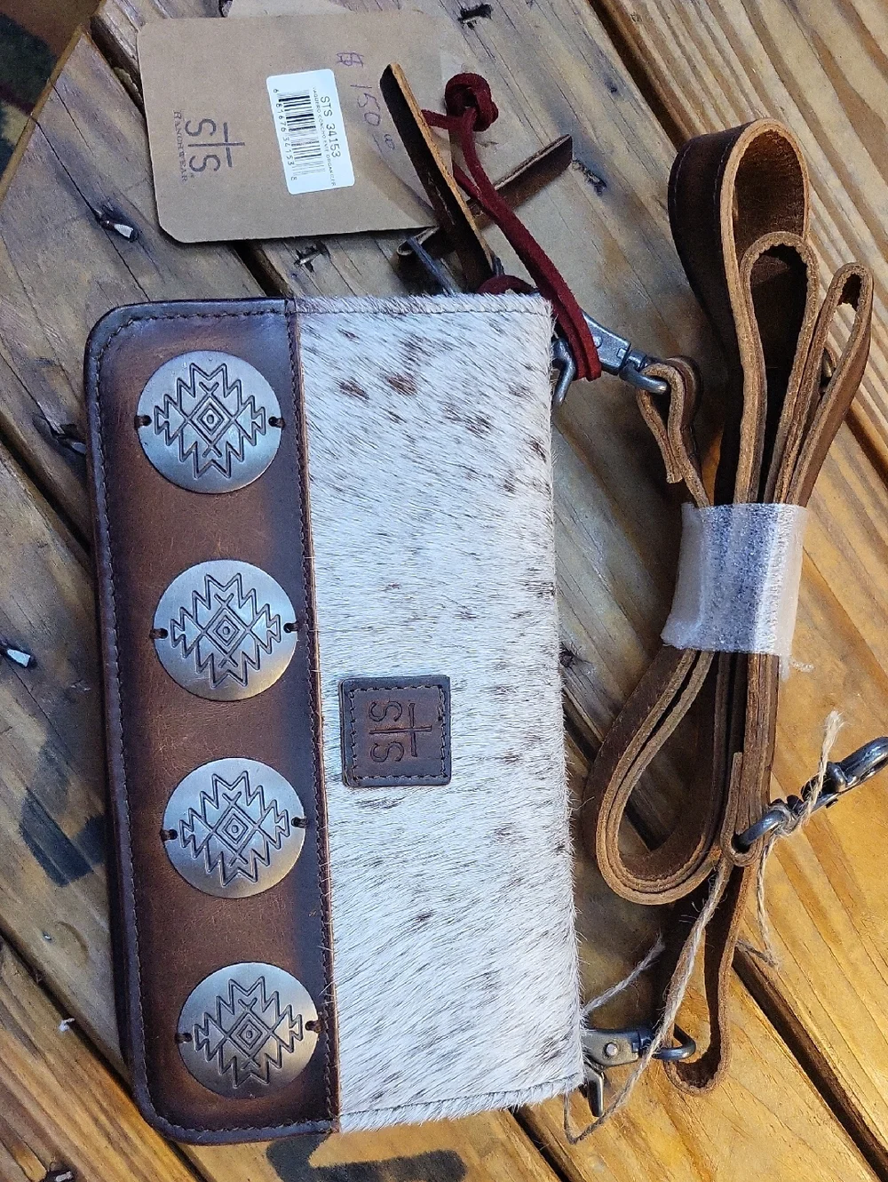 STS Ranchwear Brown and White Hair-On-Hide Crossbody with Concho Accents - Picture 1 of 3